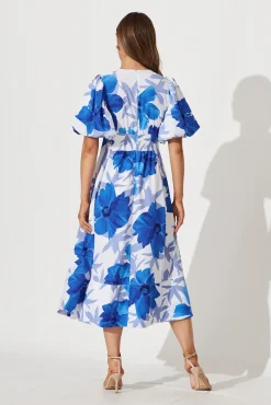 Clearance Daydreamer Midi Dress In White With Blue Flower Print Dresses|Party