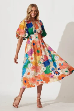 Best Daydreamer Midi Dress In Bright Multi Floral Dresses|Party