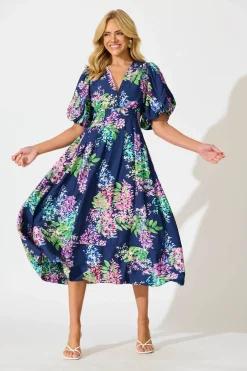 New Daydreamer Midi Dress in Navy Wisteria Print Dresses|Casual