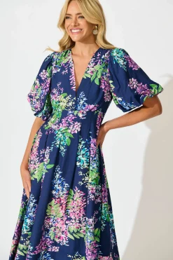 New Daydreamer Midi Dress in Navy Wisteria Print Dresses|Casual