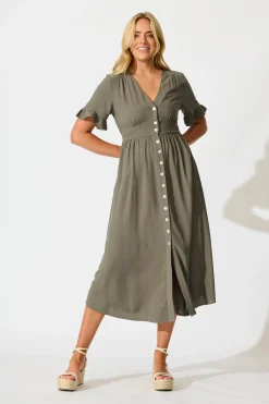 Hot Daysia Midi Dress in Khaki Linen Blend Dresses|Casual