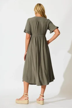 Hot Daysia Midi Dress in Khaki Linen Blend Dresses|Casual