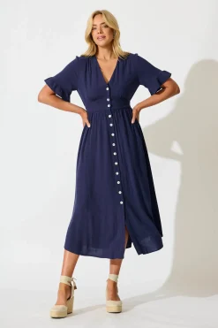 Clearance Daysia Midi Dress in Navy Linen Blend Dresses|Casual