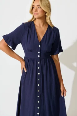 Clearance Daysia Midi Dress in Navy Linen Blend Dresses|Casual