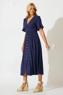 Clearance Daysia Midi Dress in Navy Linen Blend Dresses|Casual