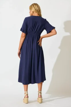 Clearance Daysia Midi Dress in Navy Linen Blend Dresses|Casual