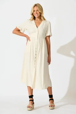 Hot Daysia Midi Dress in Oatmeal Linen Blend Dresses|Casual