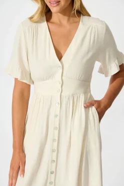 Hot Daysia Midi Dress in Oatmeal Linen Blend Dresses|Casual