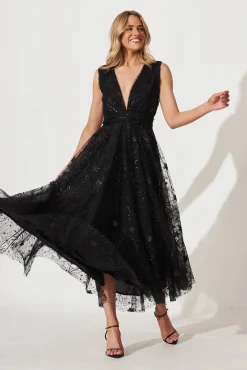 Hot Dazzle Maxi Dress In Black Sequin Tulle Dresses|Cocktail