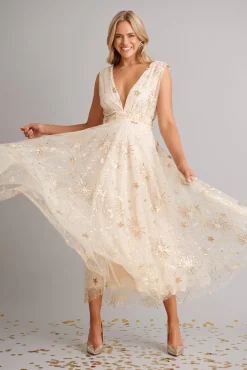 New Dazzle Maxi Dress In Gold Sequin Tulle Dresses|Cocktail