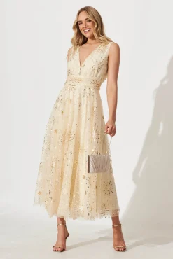 New Dazzle Maxi Dress In Gold Sequin Tulle Dresses|Cocktail