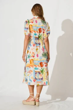 Best Dearest Midi Shirt Dress In Cream With Multi Summer Print Dresses|Casual