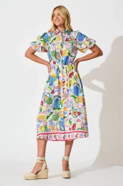 Discount Dearest Midi Shirt Dress In White With Multi Print Dresses|Casual