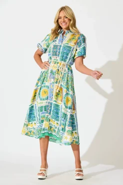 Best Dearest Midi Shirt Dress In Green Multi Border Print Dresses|Casual