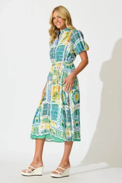 Best Dearest Midi Shirt Dress In Green Multi Border Print Dresses|Casual