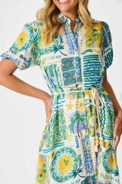 Best Dearest Midi Shirt Dress In Green Multi Border Print Dresses|Casual