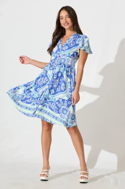 Clearance Deison Smock Dress in Blue and White Print Dresses|Casual