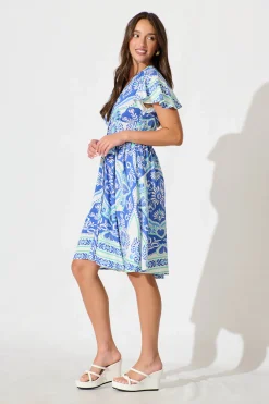 Clearance Deison Smock Dress in Blue and White Print Dresses|Casual