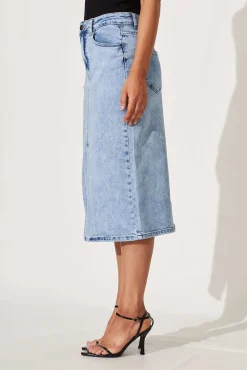 Online Deja Vu Midi Stretch Denim Skirt In Light Blue Wash Bottoms|Denim