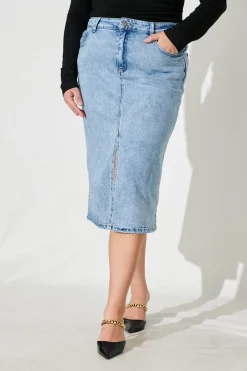 Online Deja Vu Midi Stretch Denim Skirt In Light Blue Wash Bottoms|Denim