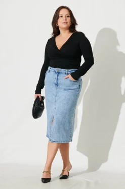 Online Deja Vu Midi Stretch Denim Skirt In Light Blue Wash Bottoms|Denim