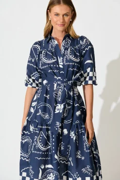 Sale Demi Midi Shirt Dress in Navy with White Cotton Dresses|Casual