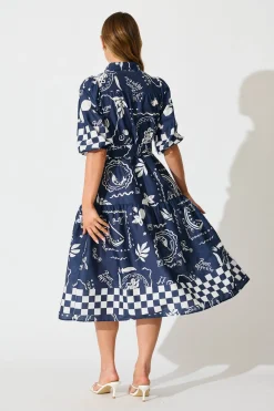Sale Demi Midi Shirt Dress in Navy with White Cotton Dresses|Casual