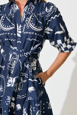 Sale Demi Midi Shirt Dress in Navy with White Cotton Dresses|Casual