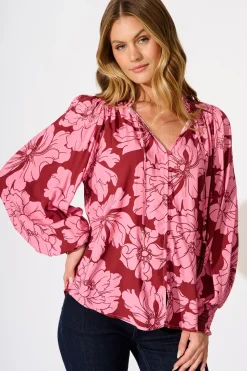 Hot Devotion Top in Wine with Pink Floral Tops