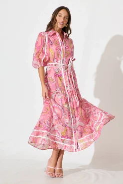 Best Dion Maxi Shirt Dress In Multi Pink Print Dresses|Casual
