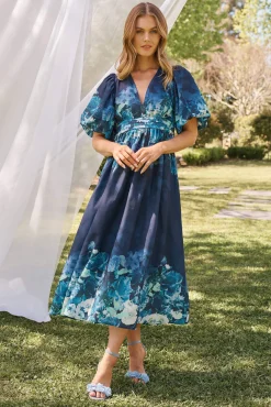 Fashion Divine Maxi Dress In Navy With Sage Multi Floral Print Dresses|Cocktail