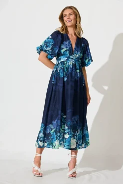 Fashion Divine Maxi Dress In Navy With Sage Multi Floral Print Dresses|Cocktail