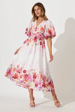 Clearance Divine Maxi Dress In White With Pink Multi Floral Print Dresses|Cocktail