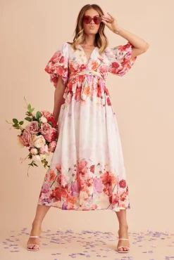 Clearance Divine Maxi Dress In White With Pink Multi Floral Print Dresses|Cocktail