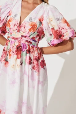Clearance Divine Maxi Dress In White With Pink Multi Floral Print Dresses|Cocktail