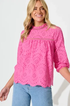 New Donia Top In Pink Embroidery Cotton Tops