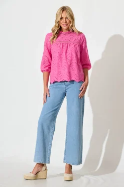 New Donia Top In Pink Embroidery Cotton Tops