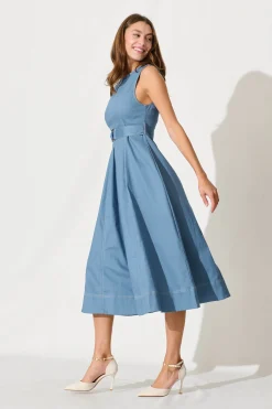 Hot Doris Midi Dress In Blue Cotton Dresses|Casual