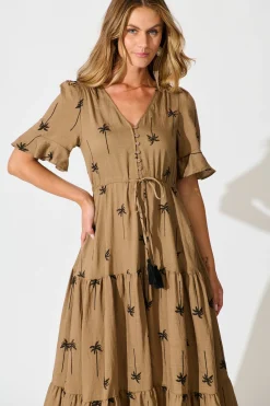 Fashion Dusk Midi Dress in Mocha with Palm Tree Embroidery Dresses|Casual