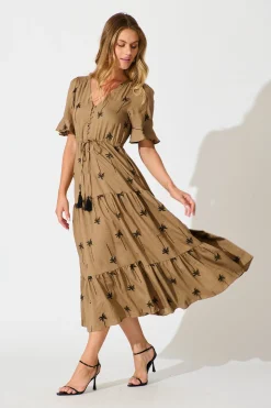 Fashion Dusk Midi Dress in Mocha with Palm Tree Embroidery Dresses|Casual