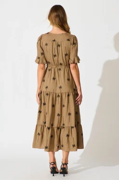 Fashion Dusk Midi Dress in Mocha with Palm Tree Embroidery Dresses|Casual