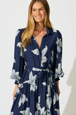 Best Eden Mist Midi Shirt Dress in Navy with White Floral Print Dresses|Casual