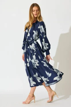 Best Eden Mist Midi Shirt Dress in Navy with White Floral Print Dresses|Casual