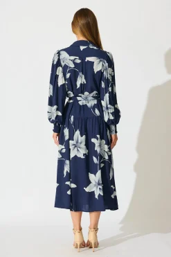 Best Eden Mist Midi Shirt Dress in Navy with White Floral Print Dresses|Casual