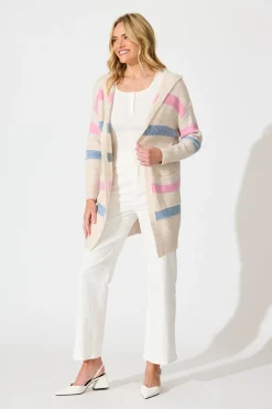 Fashion Elara Hood Knit Cardigan in Pink and Multi Stripe Wool Blend Knitwear|Knitwear