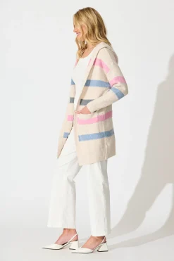 Fashion Elara Hood Knit Cardigan in Pink and Multi Stripe Wool Blend Knitwear|Knitwear