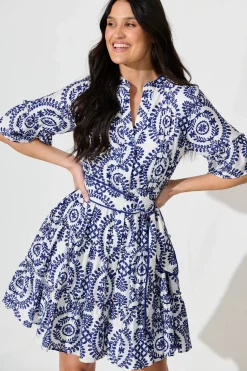 Online Elio Dress in White with Navy Floral Print Dresses|Casual