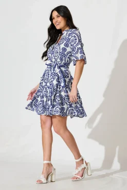 Online Elio Dress in White with Navy Floral Print Dresses|Casual