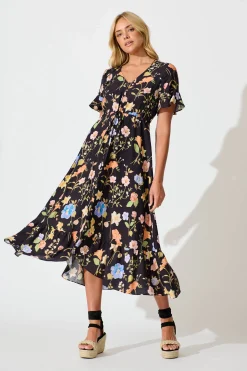 Discount Ellie Midi Dress in Black with Multi Floral Dresses|Casual