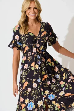Discount Ellie Midi Dress in Black with Multi Floral Dresses|Casual